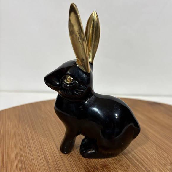 Black Brass Rabbit Hare Bronze Gold Ears MCM 4 3/4" Tall Bunny Retro Vintage - Picture 7 of 12